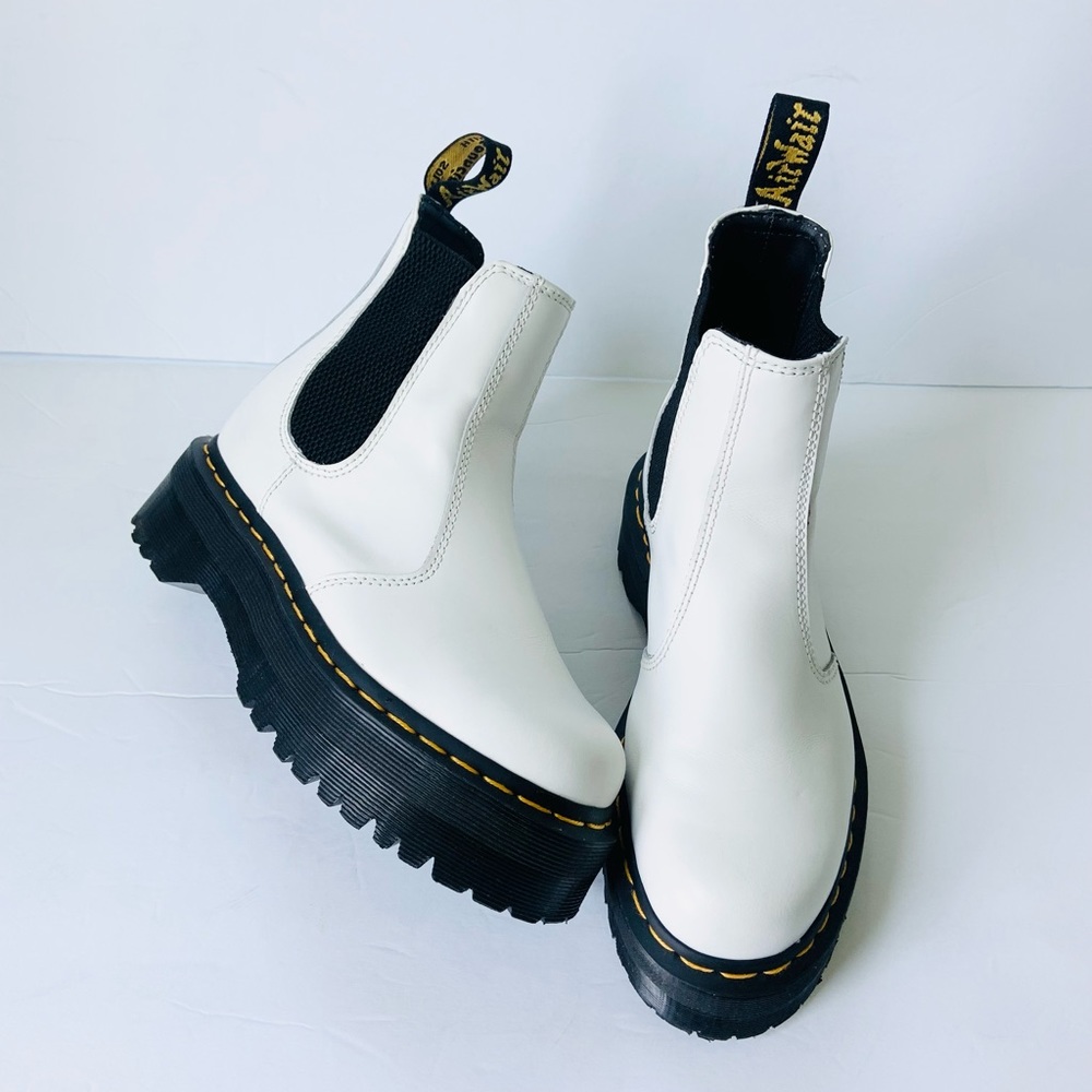 Dr. Martens 2976 Quad Platform Leather Chelsea Ankle Boots in White